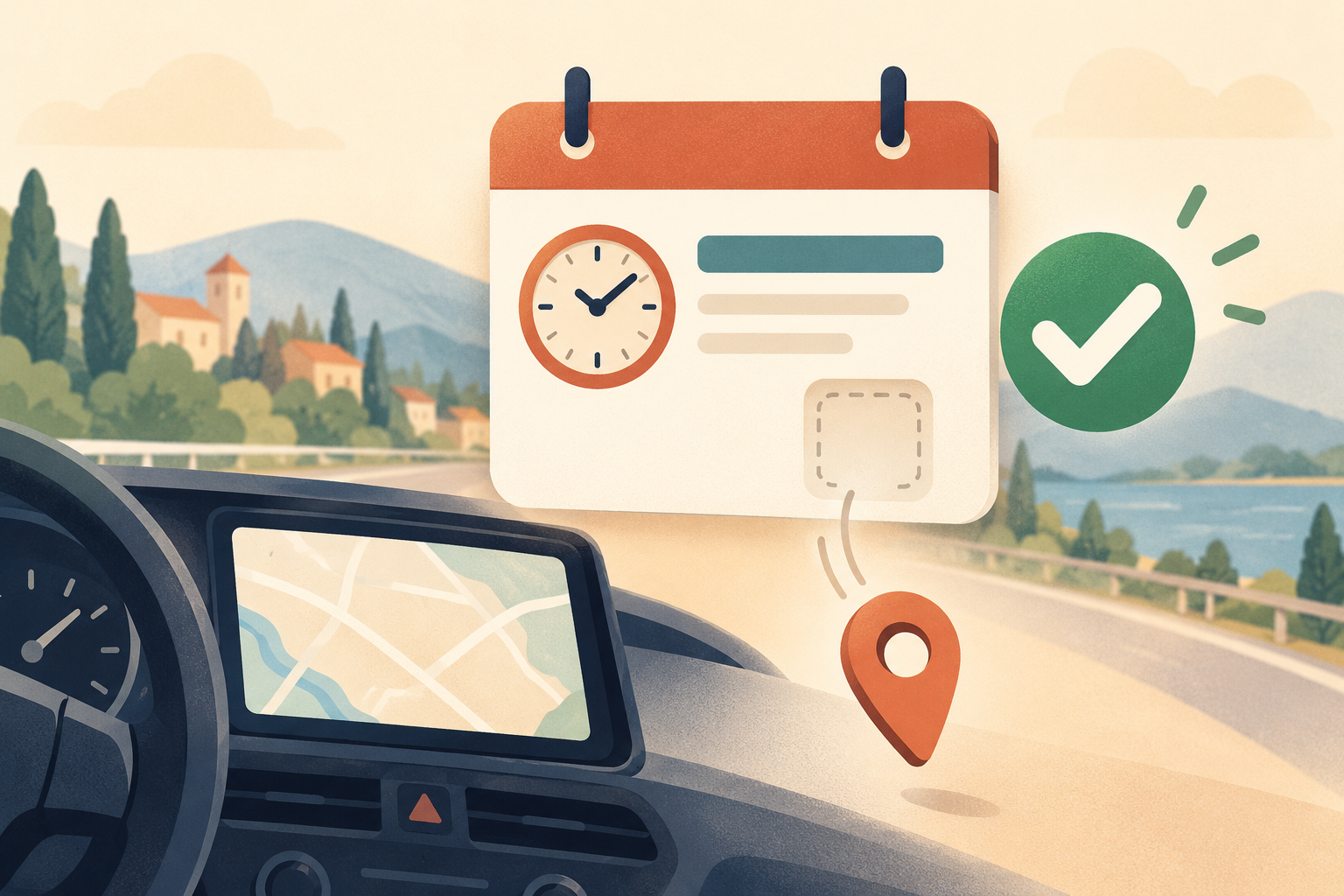 A calendar event with a green check mark while its location pin falls off, above a car dashboard whose map has no destination