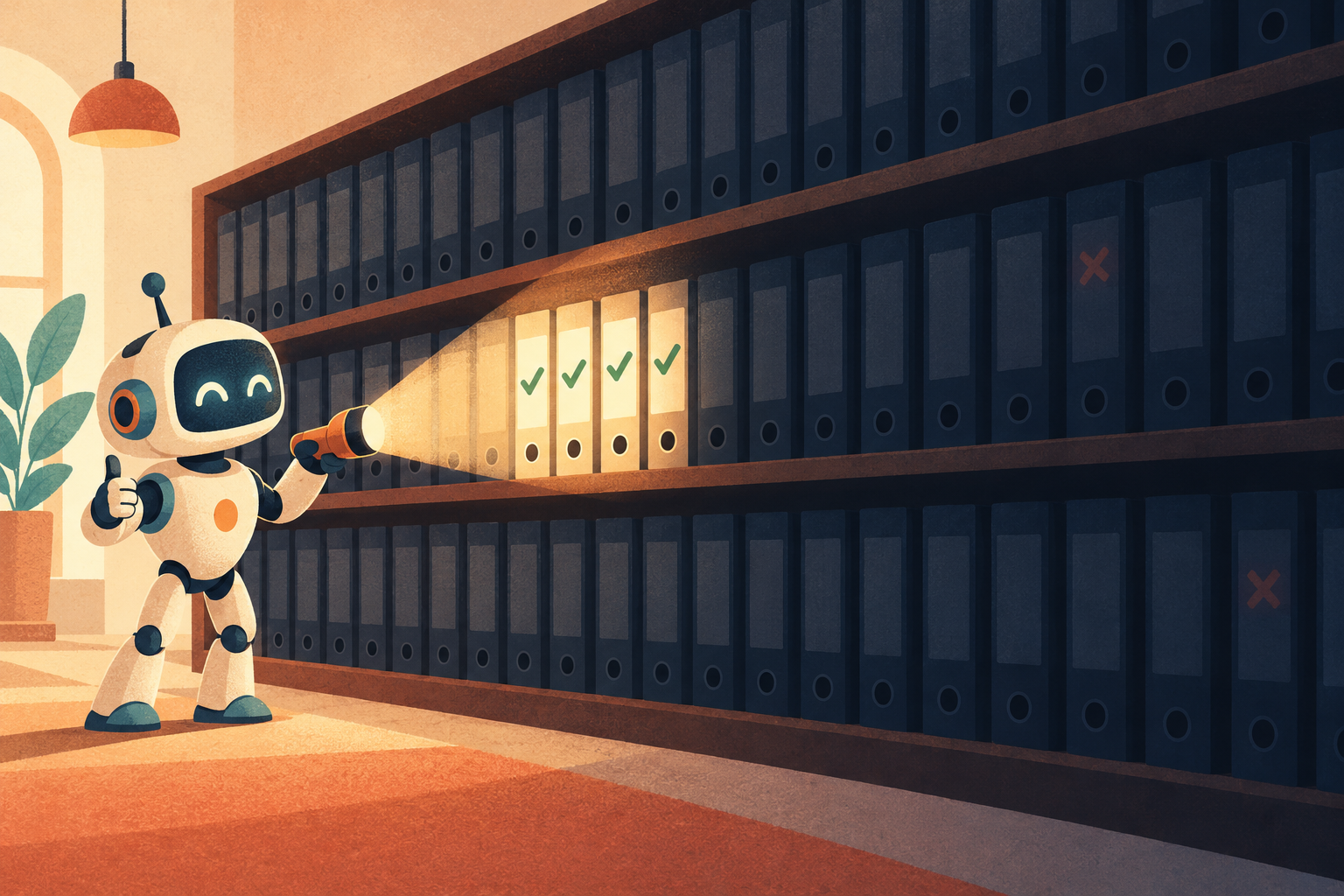 A smiling robot giving a thumbs-up while its flashlight lights up four checked binders on a long shelf, with failing binders further down left in the dark