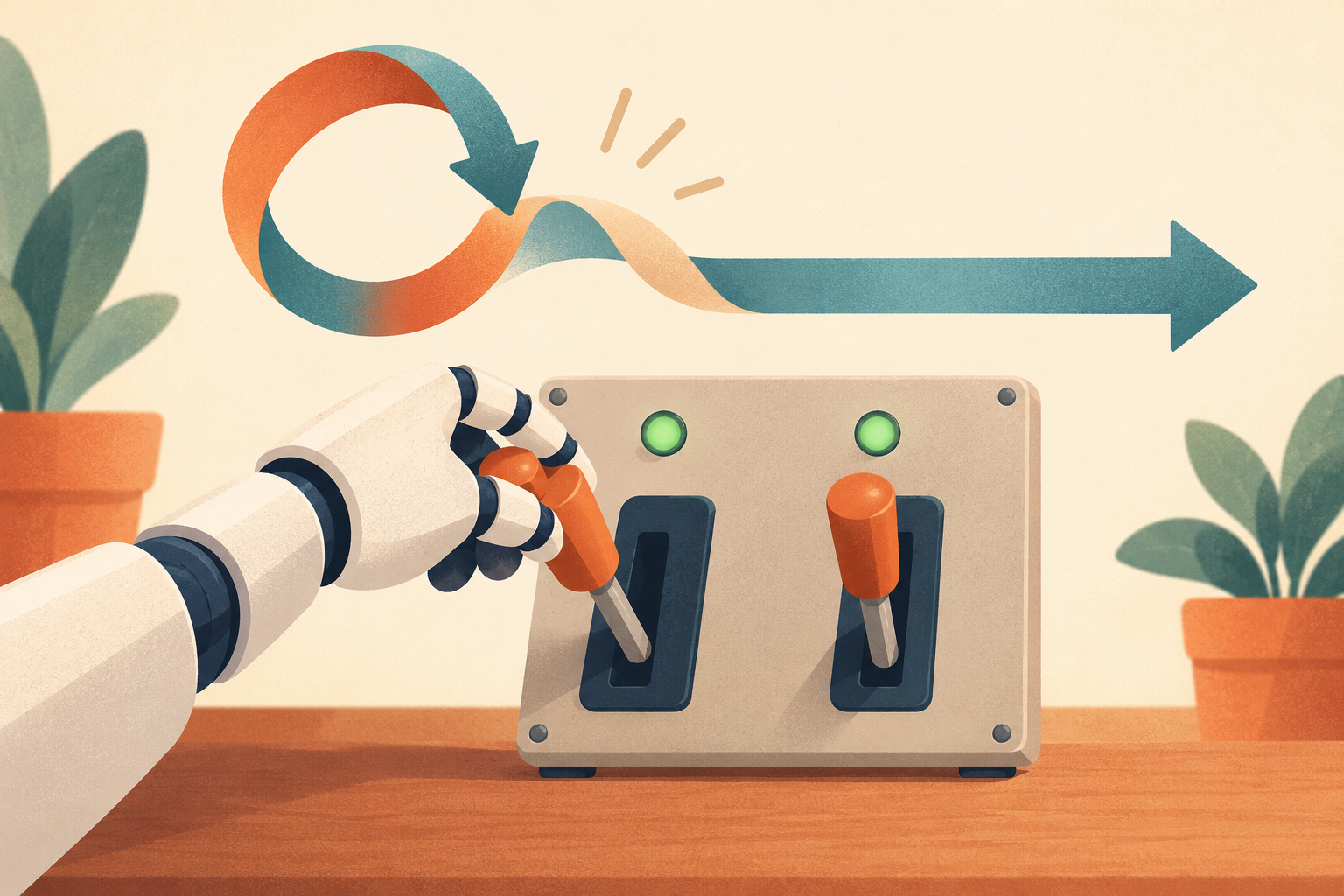 A robot hand pulling one of two identical levers, both with green OK lights, while a looping repeat arrow straightens into a one-way arrow