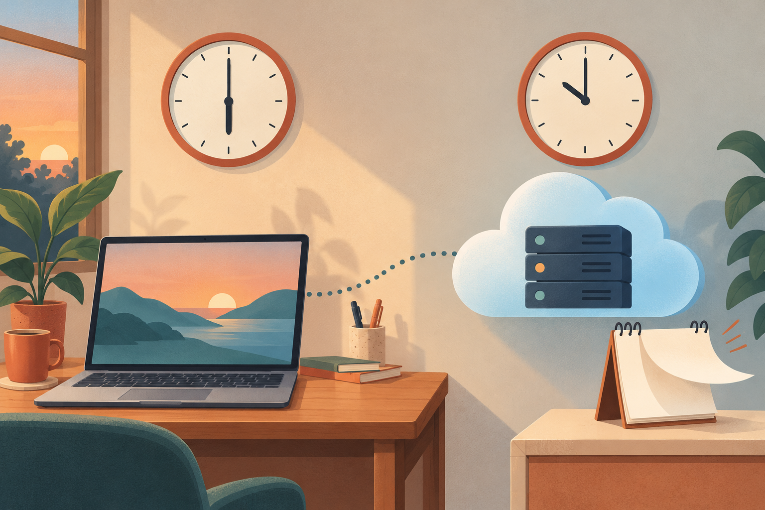 A laptop on a desk with a clock at 6 and a cloud server with a clock at 10, next to a desk calendar flipping to the next day