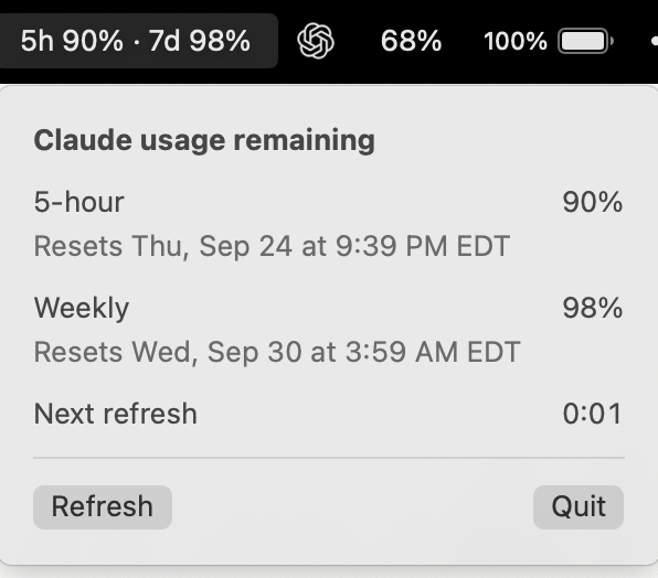 Claude Usage Menu dropdown showing the 5-hour and weekly limits with reset times