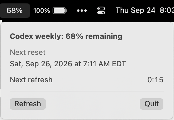 Codex Usage Menu dropdown showing the weekly limit and next reset