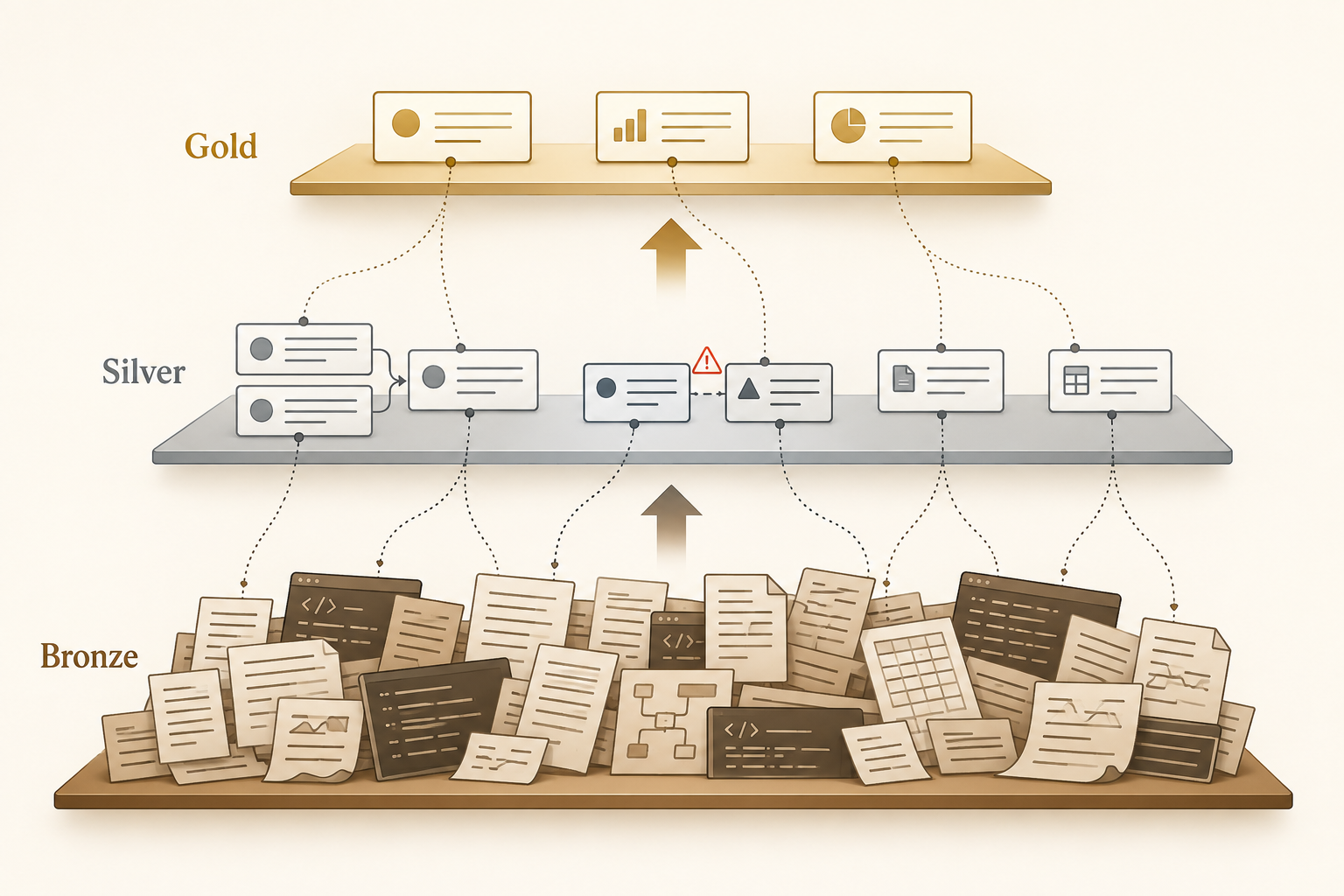 Raw documents, code, and logs in a Bronze layer are refined into validated facts in Silver and compact summary cards in Gold, with dotted lines tracing each conclusion back to its sources