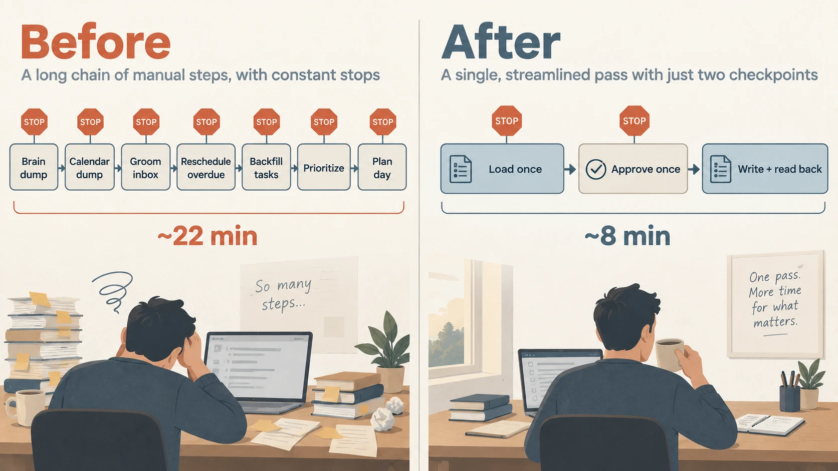 Before: a chain of seven skills, each with its own stop, taking about 22 minutes. After: one pass that loads once, approves once, then writes and reads back, taking about 8 minutes.