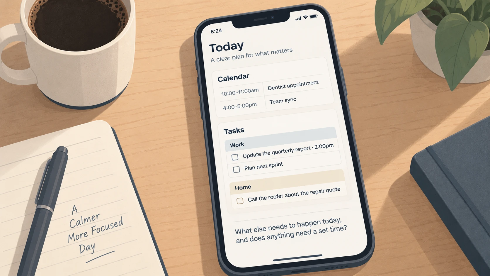 The first screen: a Calendar table with a 10:00-11:00am dentist appointment and a 4:00-5:00pm team sync, a Tasks table grouped by project (Work: update the quarterly report at 2:00pm, plan next sprint; Home: call the roofer about the repair quote), and the question "What else needs to happen today, and does anything need a set time?"