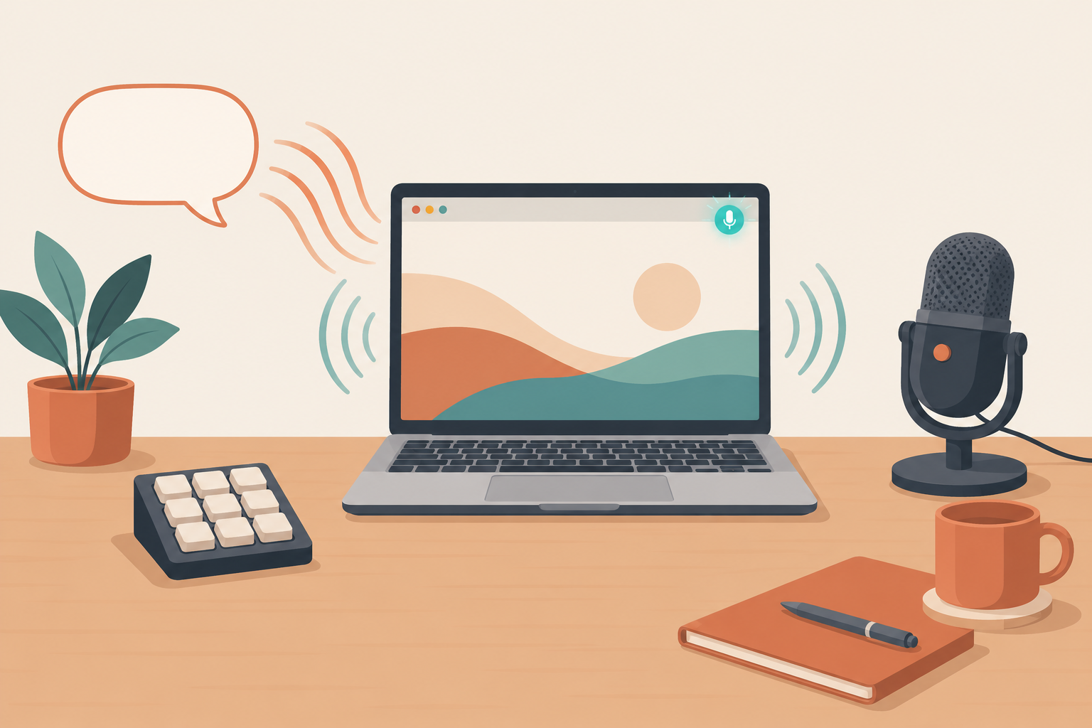 A desk with a MacBook, a small macropad, and a microphone, with sound waves going to and from the laptop